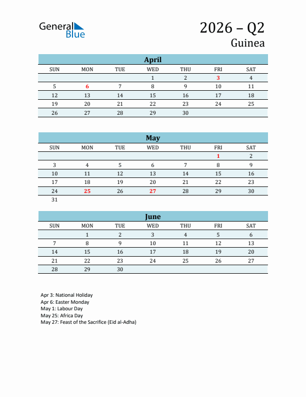 Three-Month Planner for Q2 2026 with Holidays - Guinea