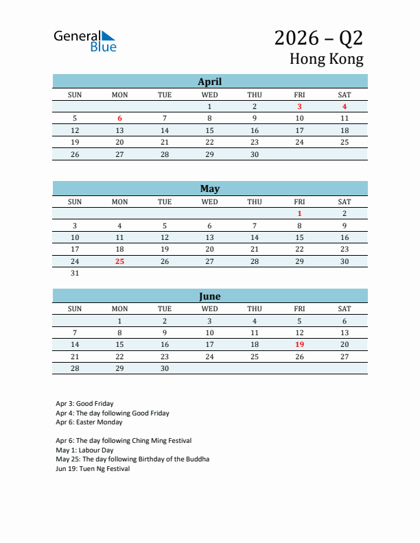 Three-Month Planner for Q2 2026 with Holidays - Hong Kong