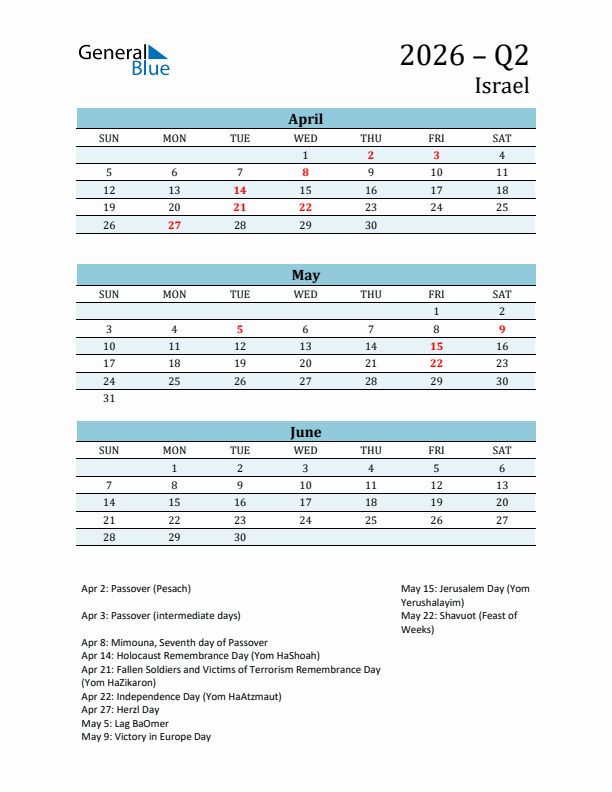 Three-Month Planner for Q2 2026 with Holidays - Israel
