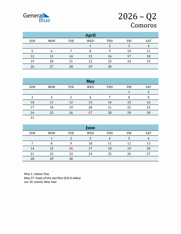 Three-Month Planner for Q2 2026 with Holidays - Comoros