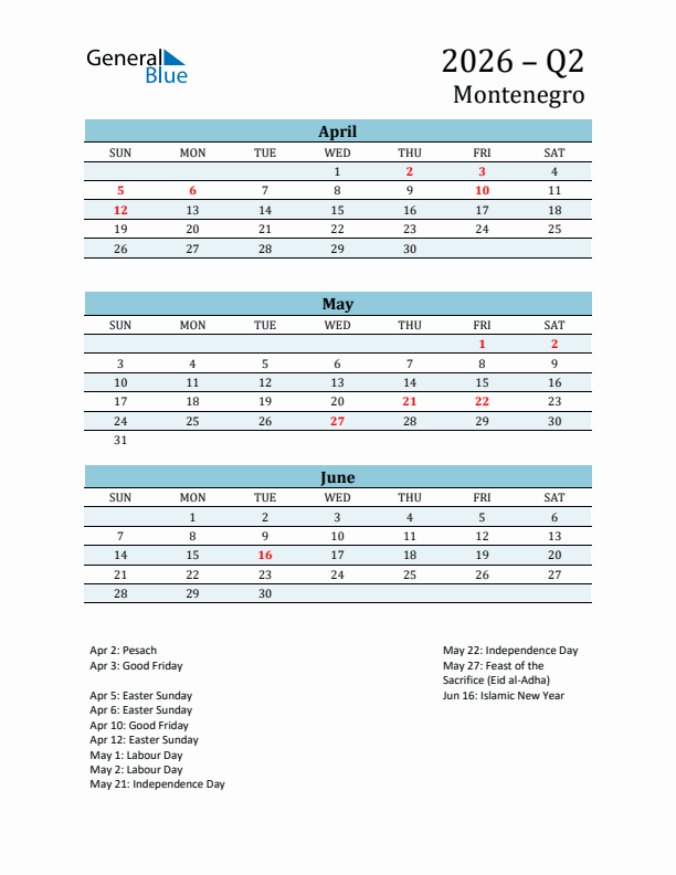 Three-Month Planner for Q2 2026 with Holidays - Montenegro