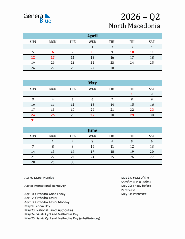 Three-Month Planner for Q2 2026 with Holidays - North Macedonia