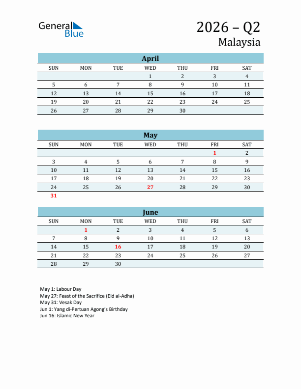 Three-Month Planner for Q2 2026 with Holidays - Malaysia