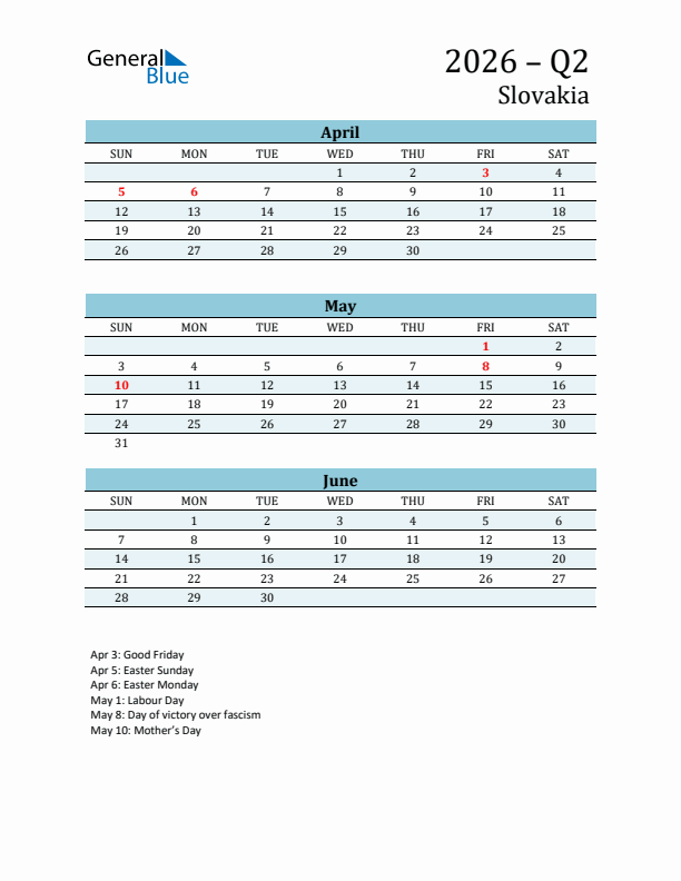 Three-Month Planner for Q2 2026 with Holidays - Slovakia