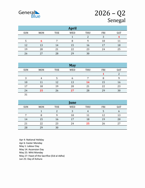 Three-Month Planner for Q2 2026 with Holidays - Senegal