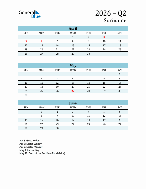 Three-Month Planner for Q2 2026 with Holidays - Suriname