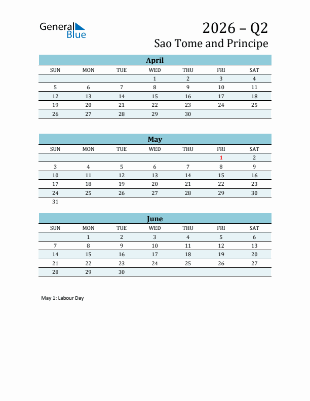 Three-Month Planner for Q2 2026 with Holidays - Sao Tome and Principe