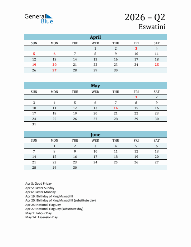 Three-Month Planner for Q2 2026 with Holidays - Eswatini