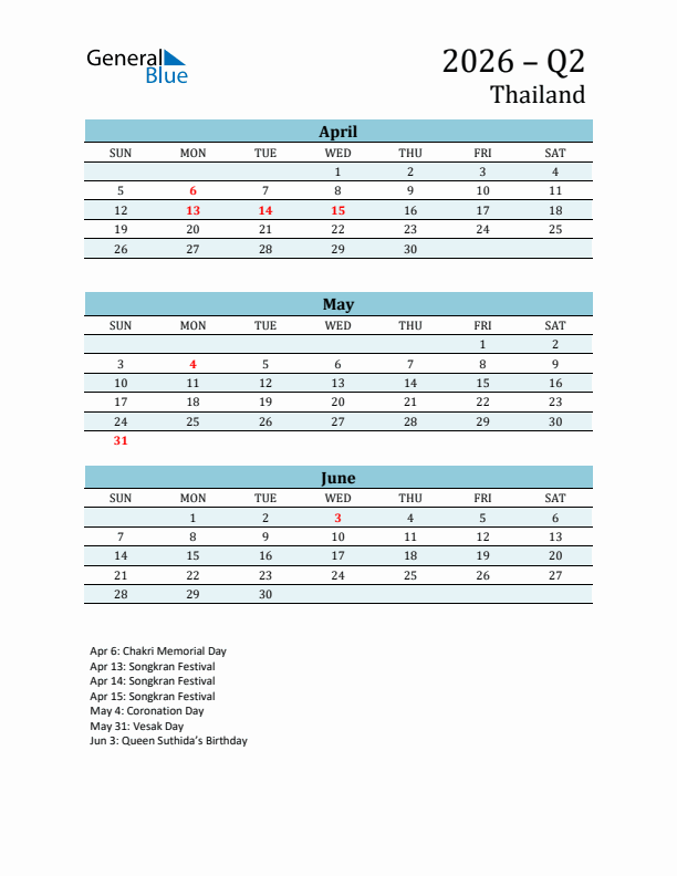 Three-Month Planner for Q2 2026 with Holidays - Thailand