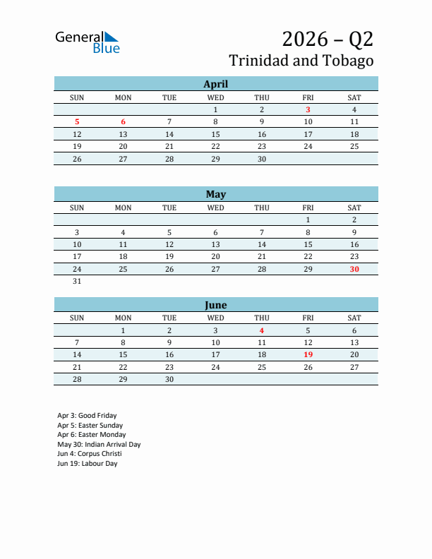 Three-Month Planner for Q2 2026 with Holidays - Trinidad and Tobago