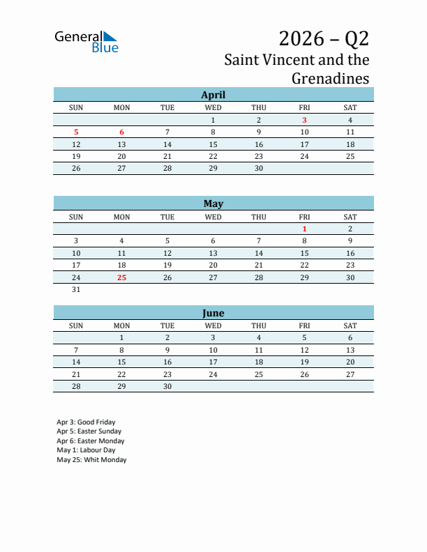 Three-Month Planner for Q2 2026 with Holidays - Saint Vincent and the Grenadines