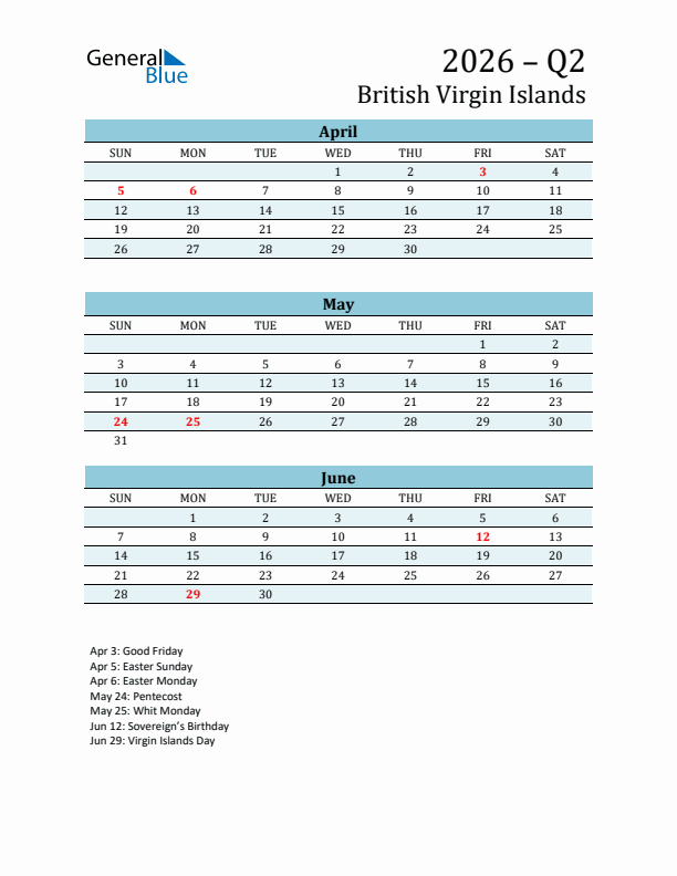 Three-Month Planner for Q2 2026 with Holidays - British Virgin Islands