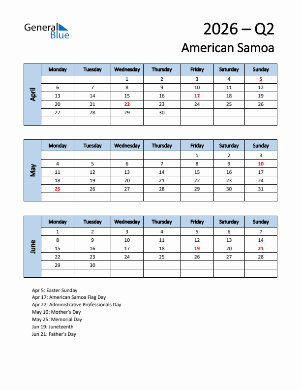 Free Q2 2026 Calendar for American Samoa - Monday Start