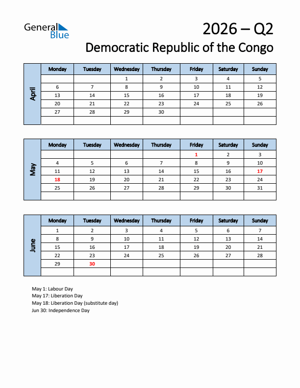 Free Q2 2026 Calendar for Democratic Republic of the Congo - Monday Start