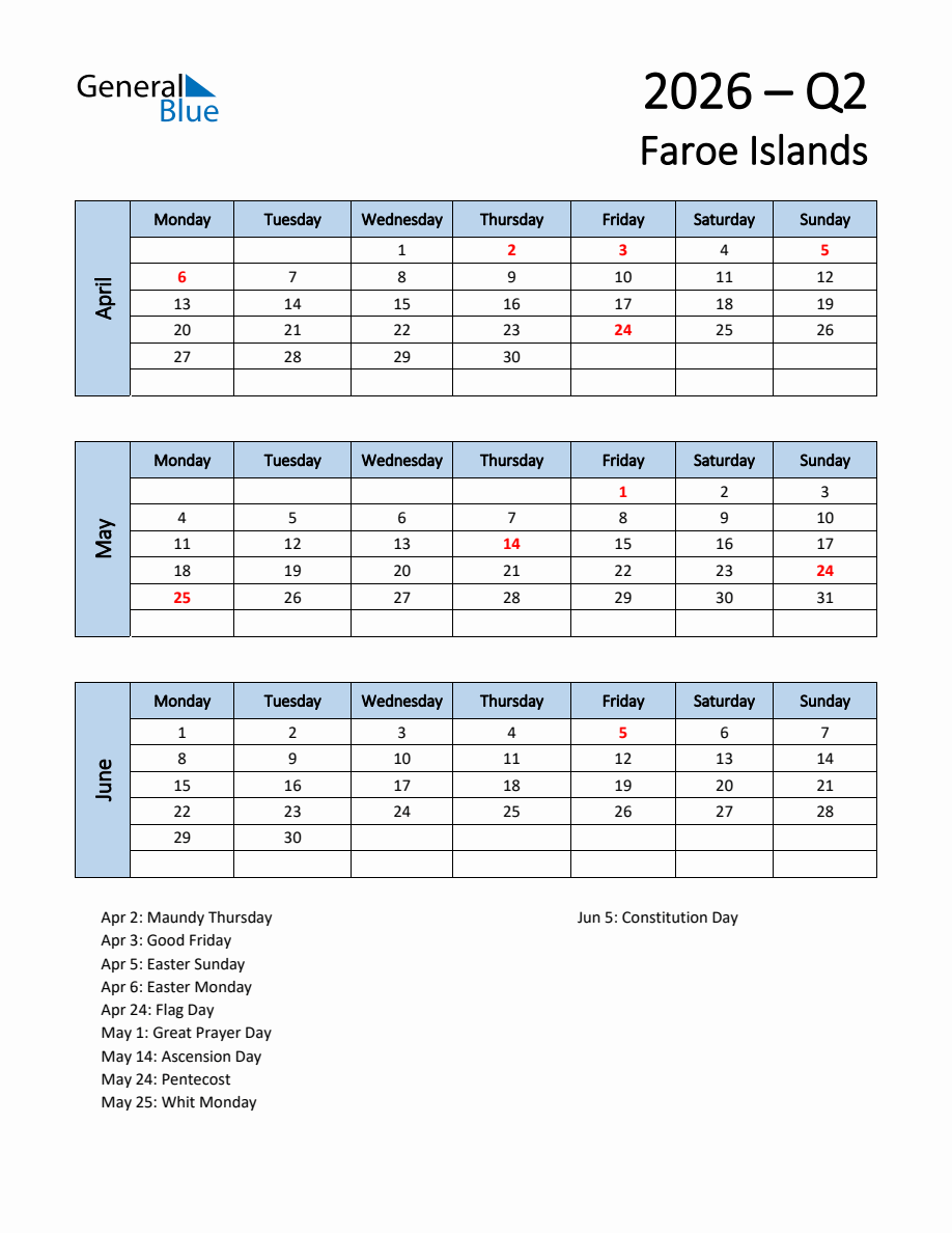 Free Q2 2026 Calendar for Faroe Islands - Monday Start