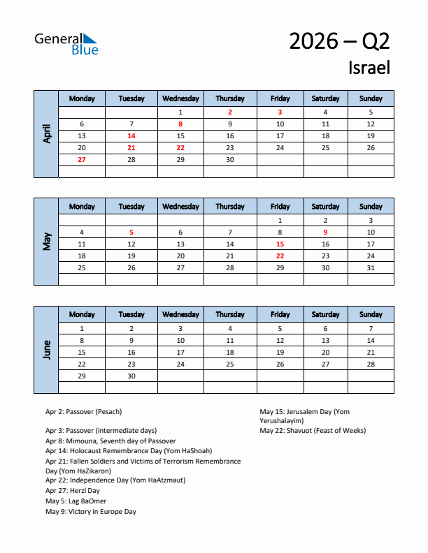 Free Q2 2026 Calendar for Israel - Monday Start
