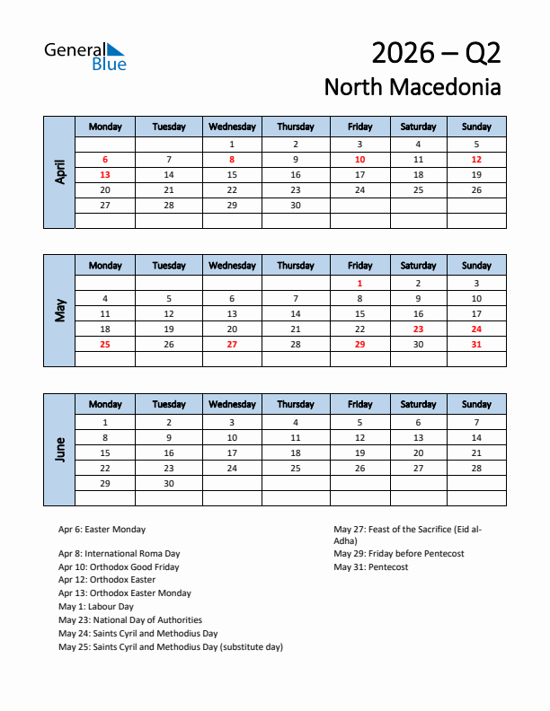 Free Q2 2026 Calendar for North Macedonia - Monday Start