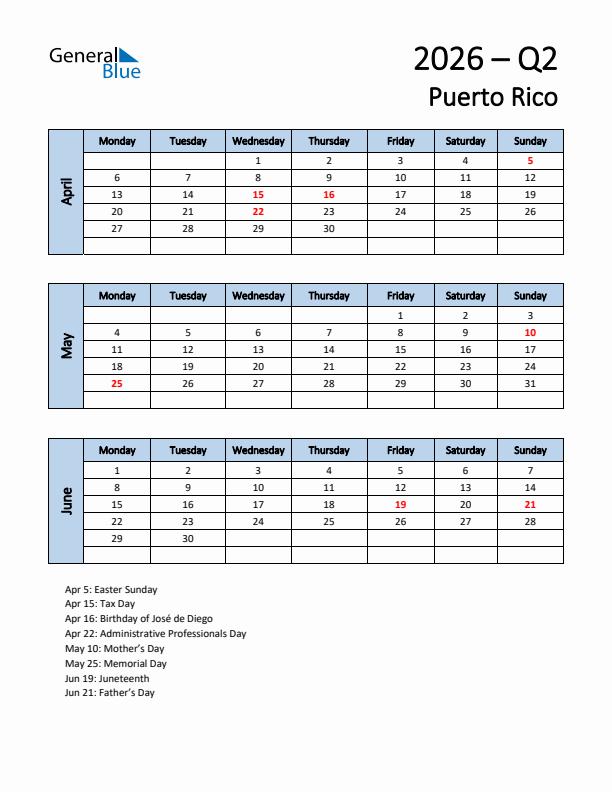 Free Q2 2026 Calendar for Puerto Rico - Monday Start