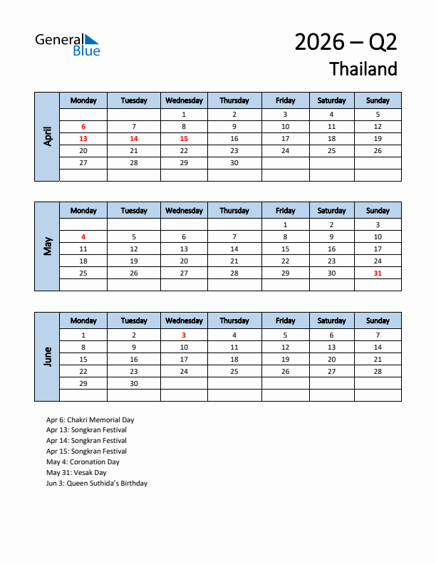 Free Q2 2026 Calendar for Thailand - Monday Start