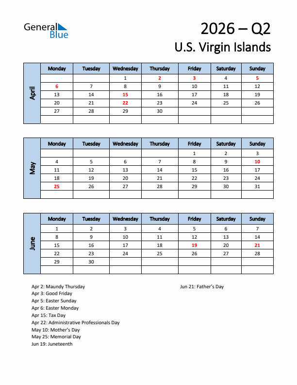 Free Q2 2026 Calendar for U.S. Virgin Islands - Monday Start