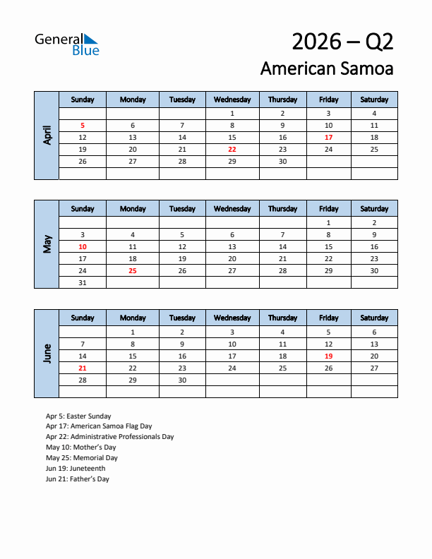 Free Q2 2026 Calendar for American Samoa - Sunday Start