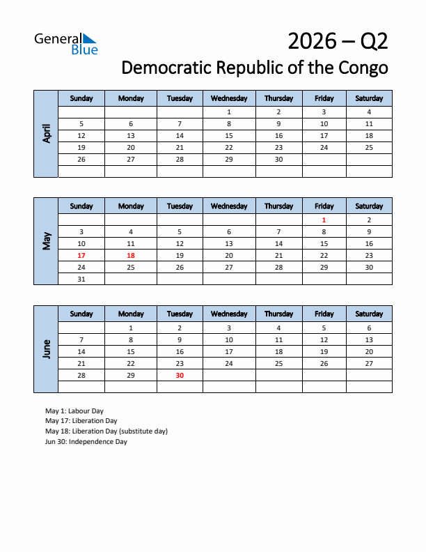 Free Q2 2026 Calendar for Democratic Republic of the Congo - Sunday Start