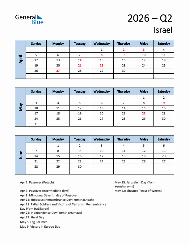 Free Q2 2026 Calendar for Israel - Sunday Start