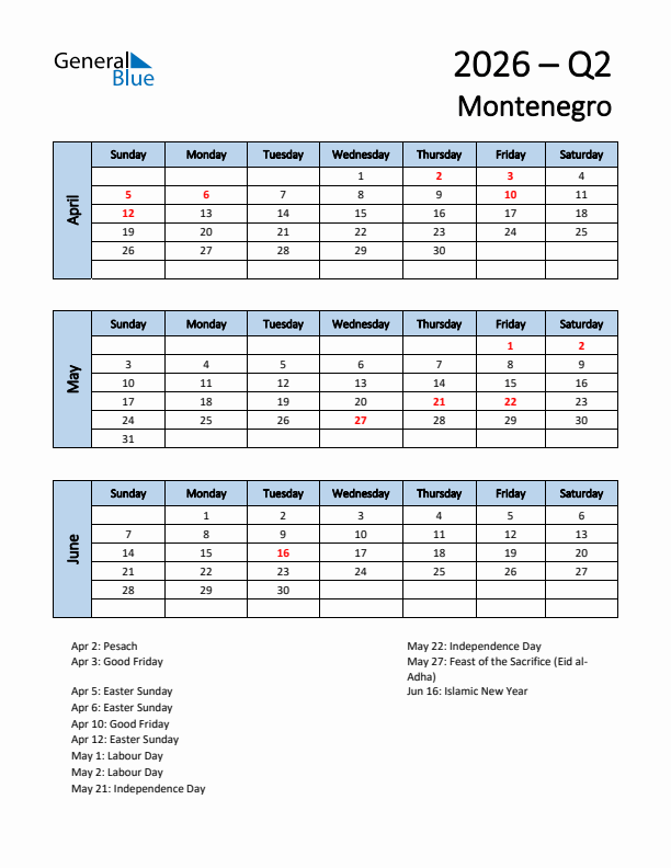 Free Q2 2026 Calendar for Montenegro - Sunday Start