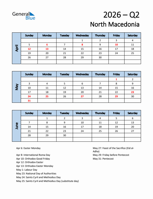 Free Q2 2026 Calendar for North Macedonia - Sunday Start