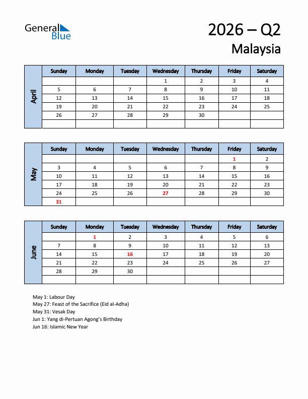 Free Q2 2026 Calendar for Malaysia - Sunday Start