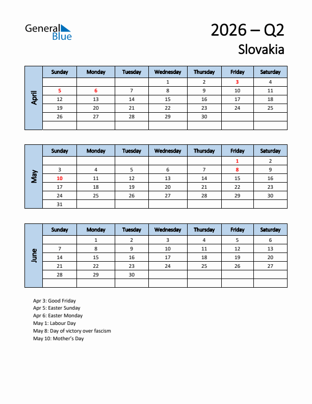 Free Q2 2026 Calendar for Slovakia - Sunday Start
