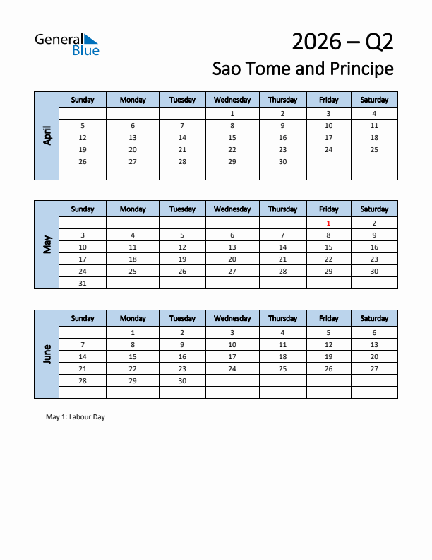 Free Q2 2026 Calendar for Sao Tome and Principe - Sunday Start