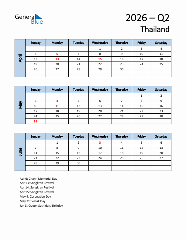 Free Q2 2026 Calendar for Thailand - Sunday Start