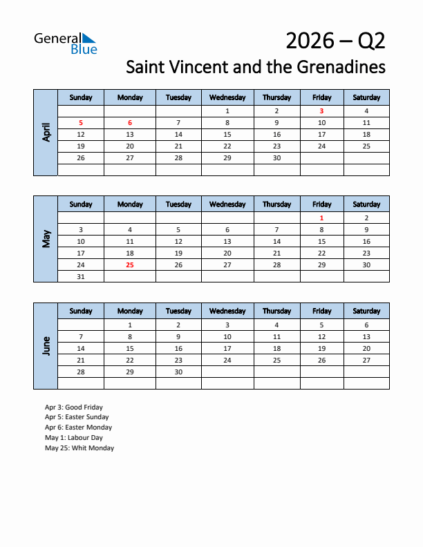 Free Q2 2026 Calendar for Saint Vincent and the Grenadines - Sunday Start