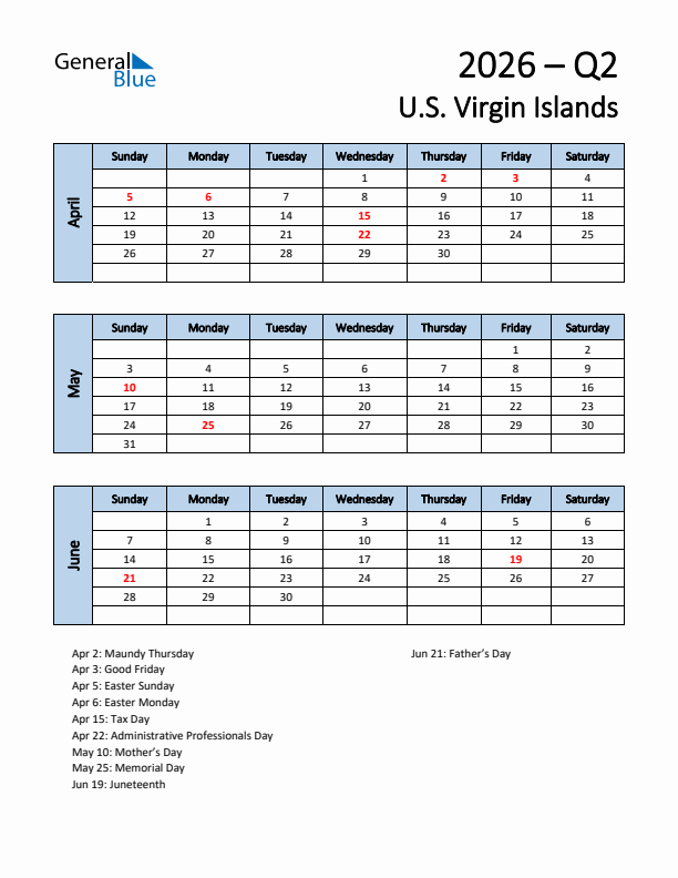Free Q2 2026 Calendar for U.S. Virgin Islands - Sunday Start