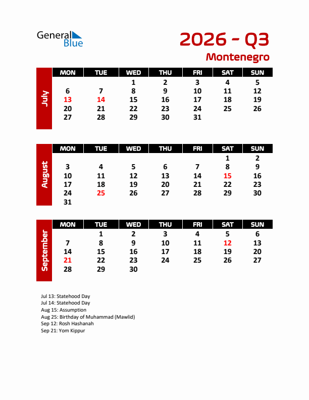 Q3 2026 Calendar with Holidays in Montenegro