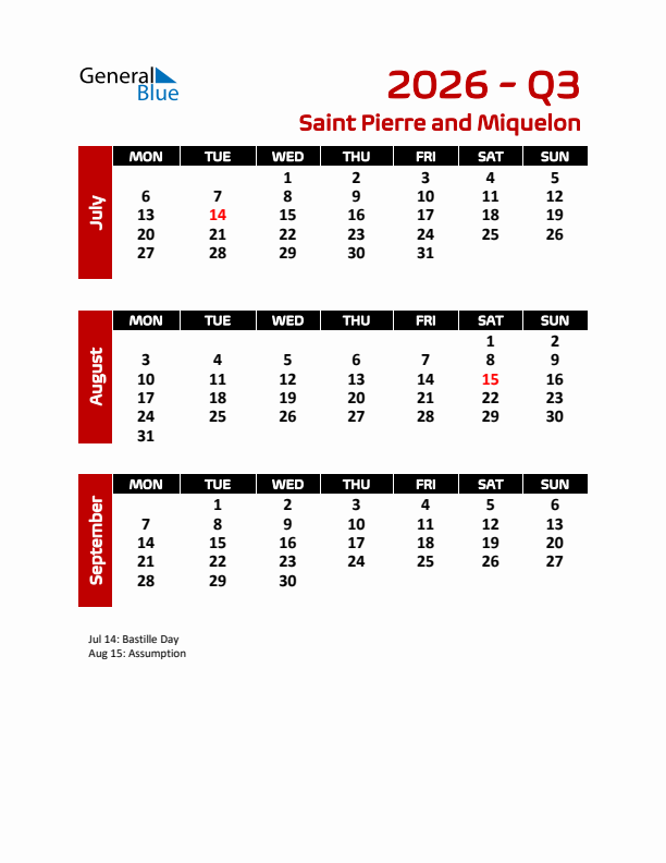 Q3 2026 Calendar with Holidays in Saint Pierre and Miquelon