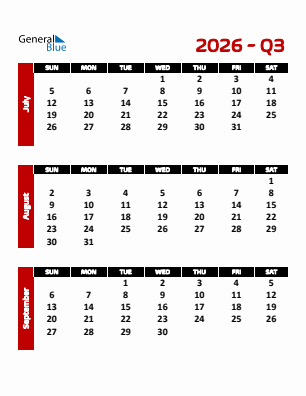 Quarter 3  2026 calendar template