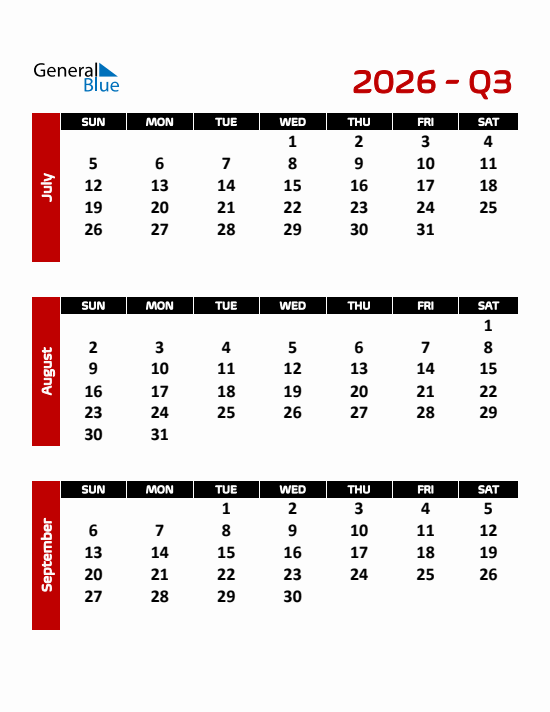 Quarter 3 2026 calendar template
