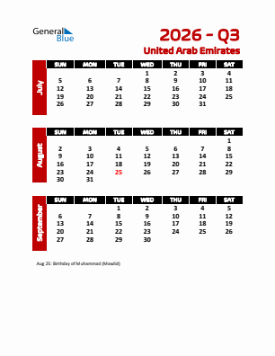 United Arab Emirates Quarter 3  2026 calendar template