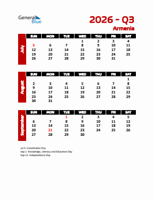 Armenia Quarter 3  2026 calendar template