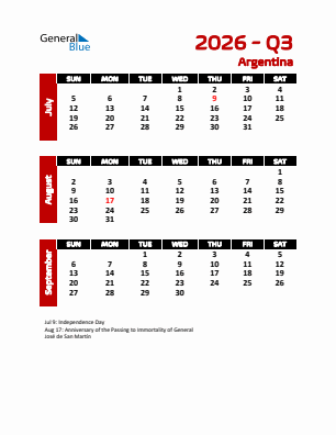 Argentina Quarter 3  2026 calendar template