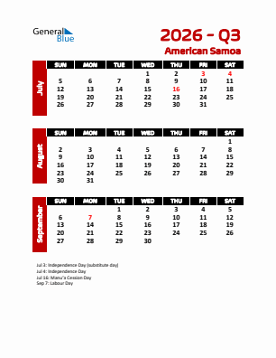 American Samoa Quarter 3  2026 calendar template