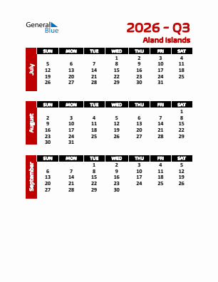 Aland Islands Quarter 3  2026 calendar template