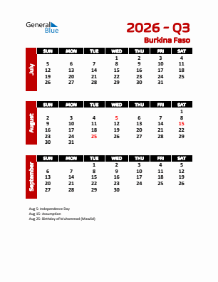 Burkina Faso Quarter 3  2026 calendar template