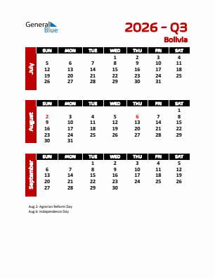 Bolivia Quarter 3  2026 calendar template