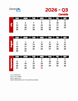 Canada Quarter 3  2026 calendar template