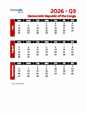 Democratic Republic of the Congo Quarter 3  2026 calendar template