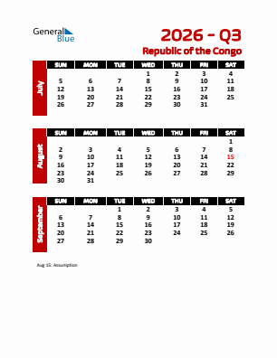 Republic of the Congo Quarter 3  2026 calendar template