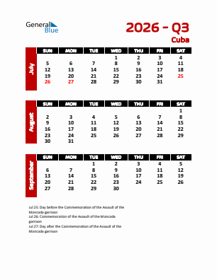 Cuba Quarter 3  2026 calendar template